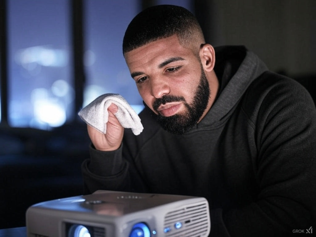 Person with beard cleaning the projector