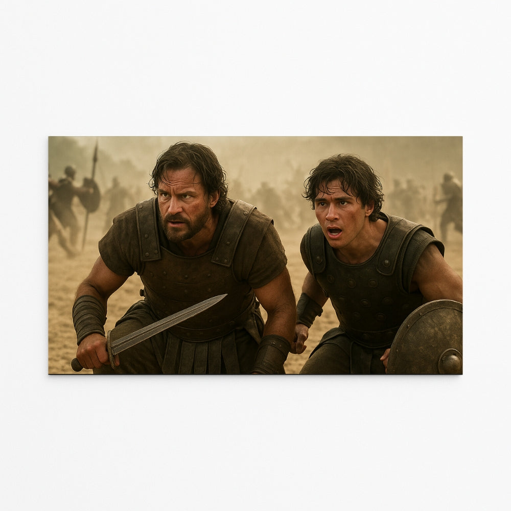 Two men in ancient warrior armor crouch on a dusty battlefield, their forms highlighted by deep blacks and vivid contrast—just like The Projection Room’s ALR Black Crystal Projector Screen—as blurred soldiers wage fierce battles behind them.