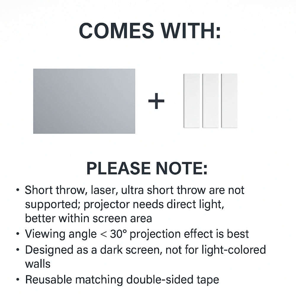 Image of The Projection Room ALR Black Crystal Projector Screen panel (gray) with three white strips. Text highlights package contents, enhanced image quality, projector compatibility, optimal viewing angles, ambient light rejection, and mounting tape included.