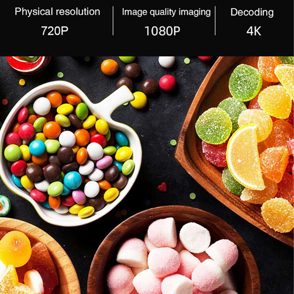 Bowls filled with colorful candies, including chocolate-covered sweets, fruit slices, and pink-and-white marshmallows, are arranged on a dark surface. Technical specs are displayed above: 720P resolution, 1080P imaging, 4K decoding.