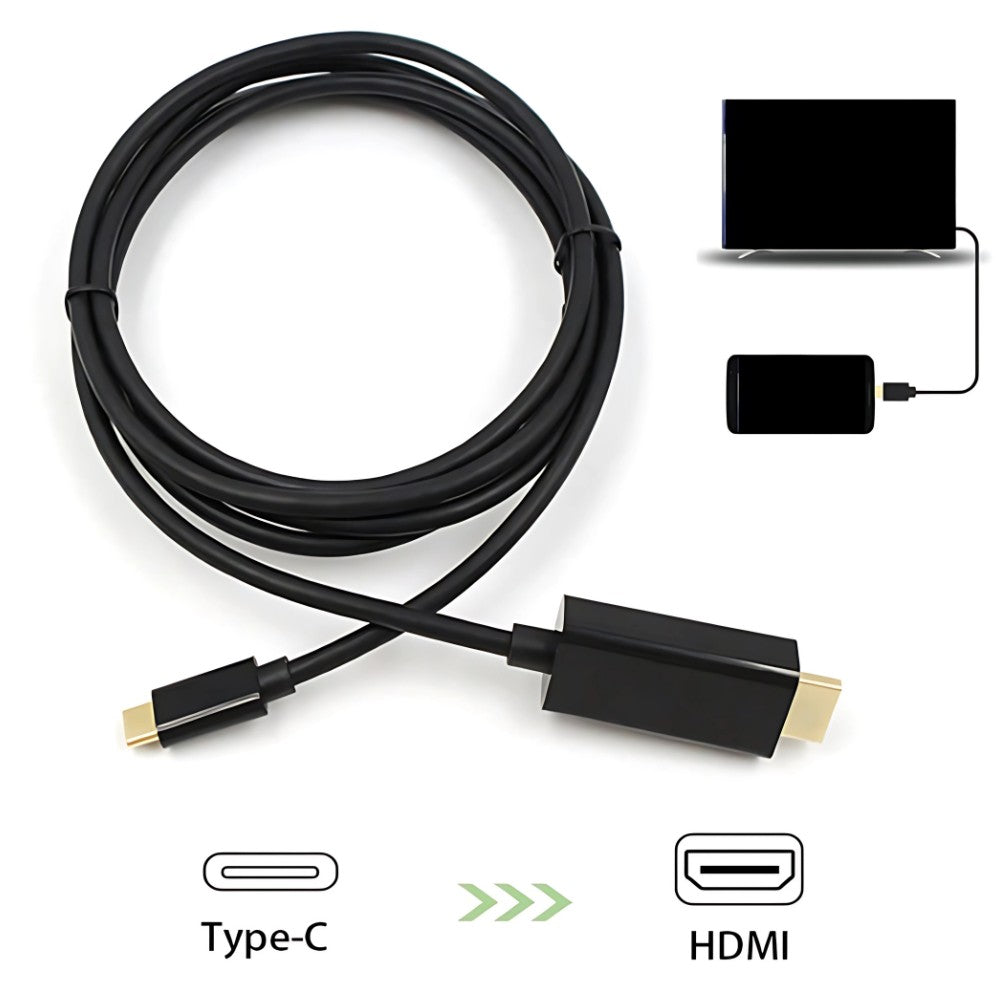 The Projection Room Type C to HDMI Cable (Black) connects USB-C devices to monitors, supporting crystal-clear 4K resolution with a USB-C connector on one end and HDMI on the other.