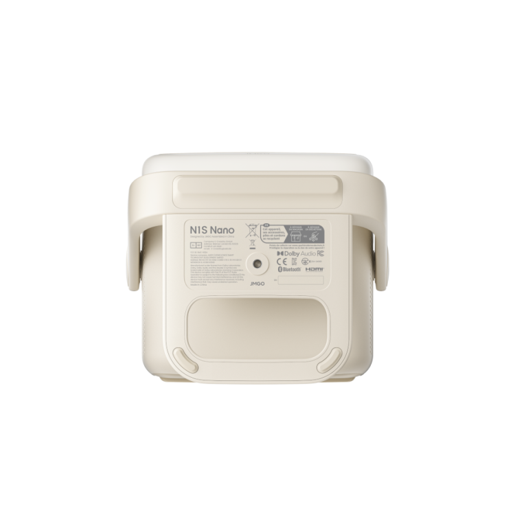 Rear view of a beige JMGO N1S Nano by JMGO, featuring a labeled control panel with instructions, certification symbols, and a top handle. Its rectangular shape is similar to tech devices like Google TV.