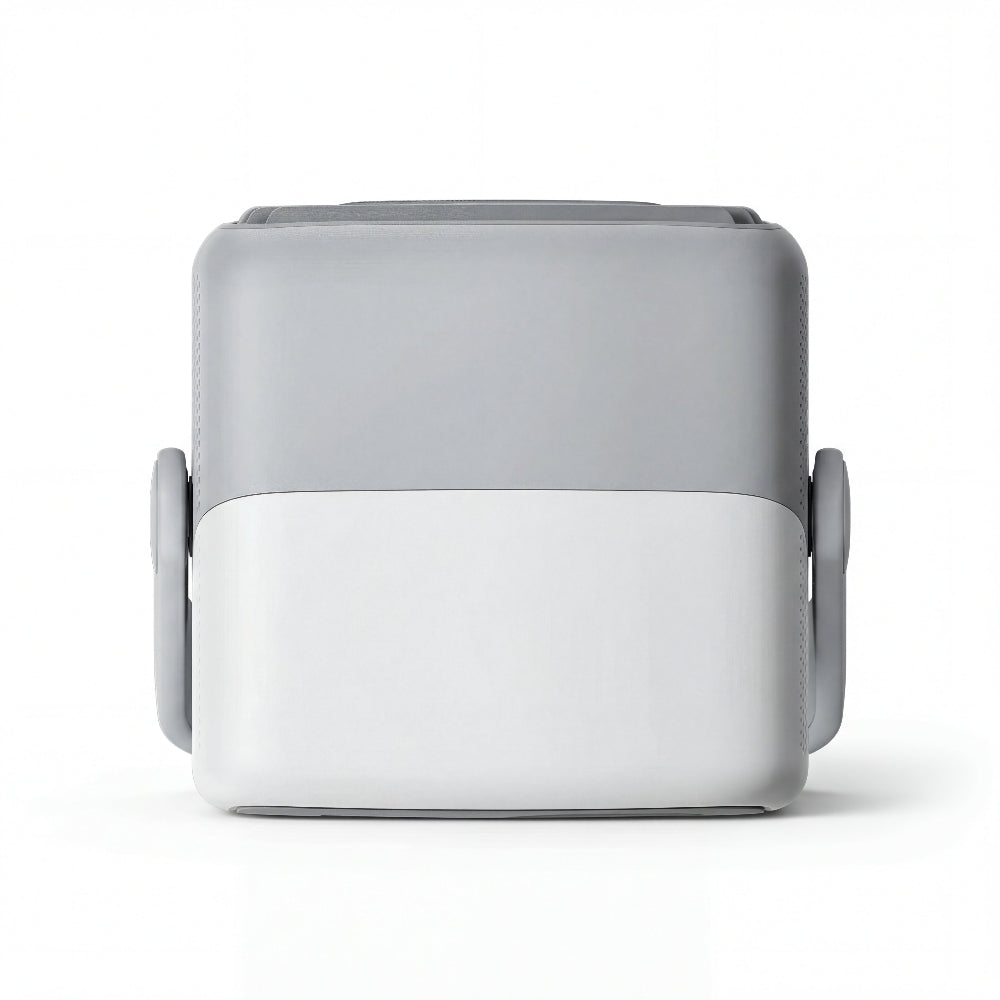 The JMGO N1S SE by JMGO is a minimalist, rectangular device in light gray and white with rounded edges and two small side hinges, designed for seamless Google TV integration. It’s shown front-on against a plain white background.