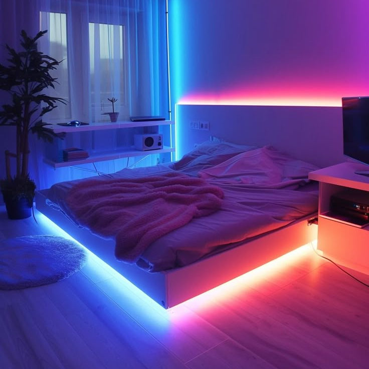 A modern bedroom features The Projection Room’s USB LED Light Strips RGB (1M, smart control) under a floating bed, vibrant lighting, a large window with sheer curtains, desk, TV, and potted plant.