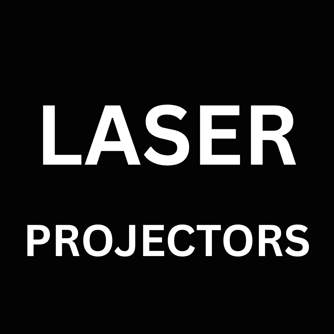 Text 'LASER PROJECTORS' in white on a black background