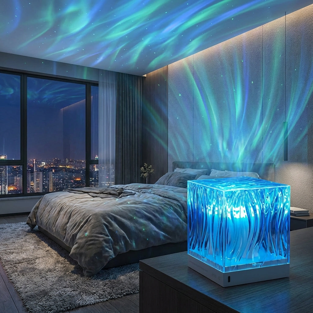 At night, a modern bedroom glows with The Projection Room’s Aurora Projector Lamp on the table, casting colorful aurora patterns on the ceiling. Large windows display the cityscape, and a neat bed plus cozy decor highlight the lamp’s ambient lighting.