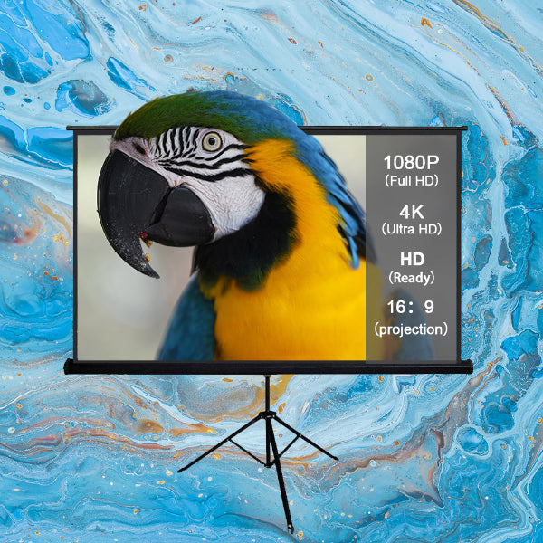 The WUPRO Portable Tripod Projector Screen elegantly displays a colorful parrot on a marbled blue background in your home theater. Supporting 1080P (Full HD), 4K (Ultra HD), and HD Ready resolutions with a 16:9 aspect ratio, this screen offers cinema magic anywhere with its portable tripod stand.