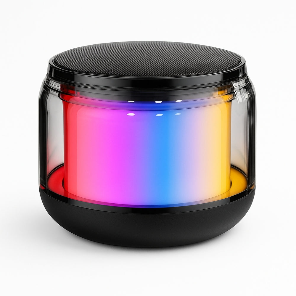 The Projection Room’s GlowPod Mini Speaker is a cylindrical wireless Bluetooth speaker with bass boost, a black base and top, and a transparent body featuring vibrant pink, blue, yellow, and orange RGB LED lights for a 360° sound experience.