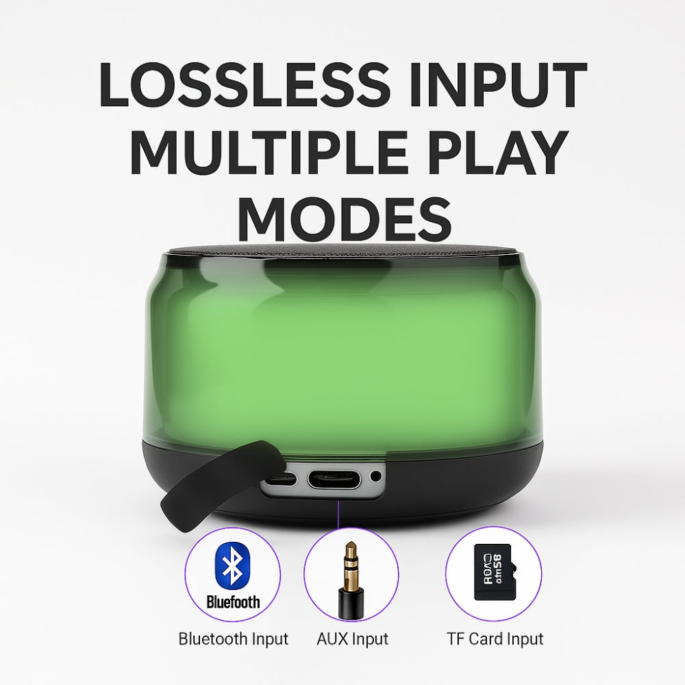 The Projection Room GlowPod Mini Speaker – a green portable RGB speaker with 360° sound, Bluetooth, AUX, and TF card input. Text above reads Lossless Input Multiple Play Modes with icons for each input shown below the speaker.