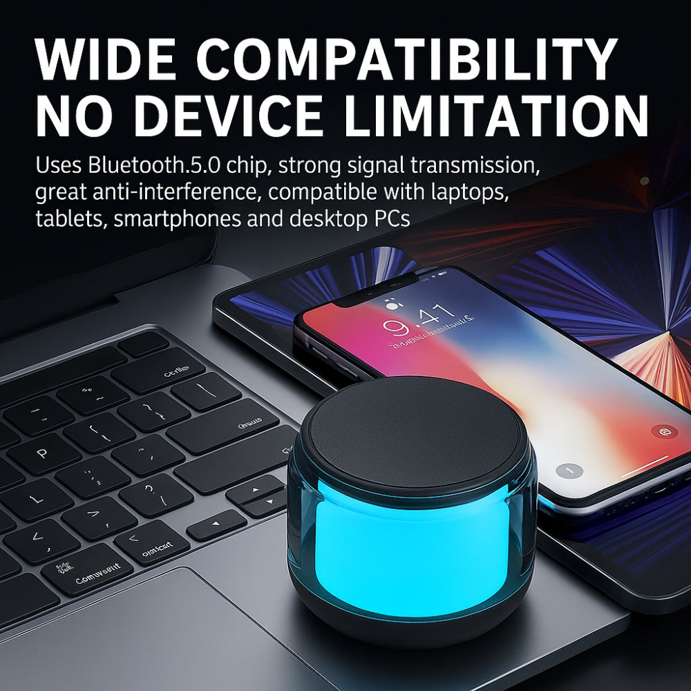 The Projection Room GlowPod Mini Speaker—Wireless RGB Bluetooth speaker with Bass Boost—sits on a laptop keyboard next to a smartphone, showcasing wide compatibility via Bluetooth 5.0.