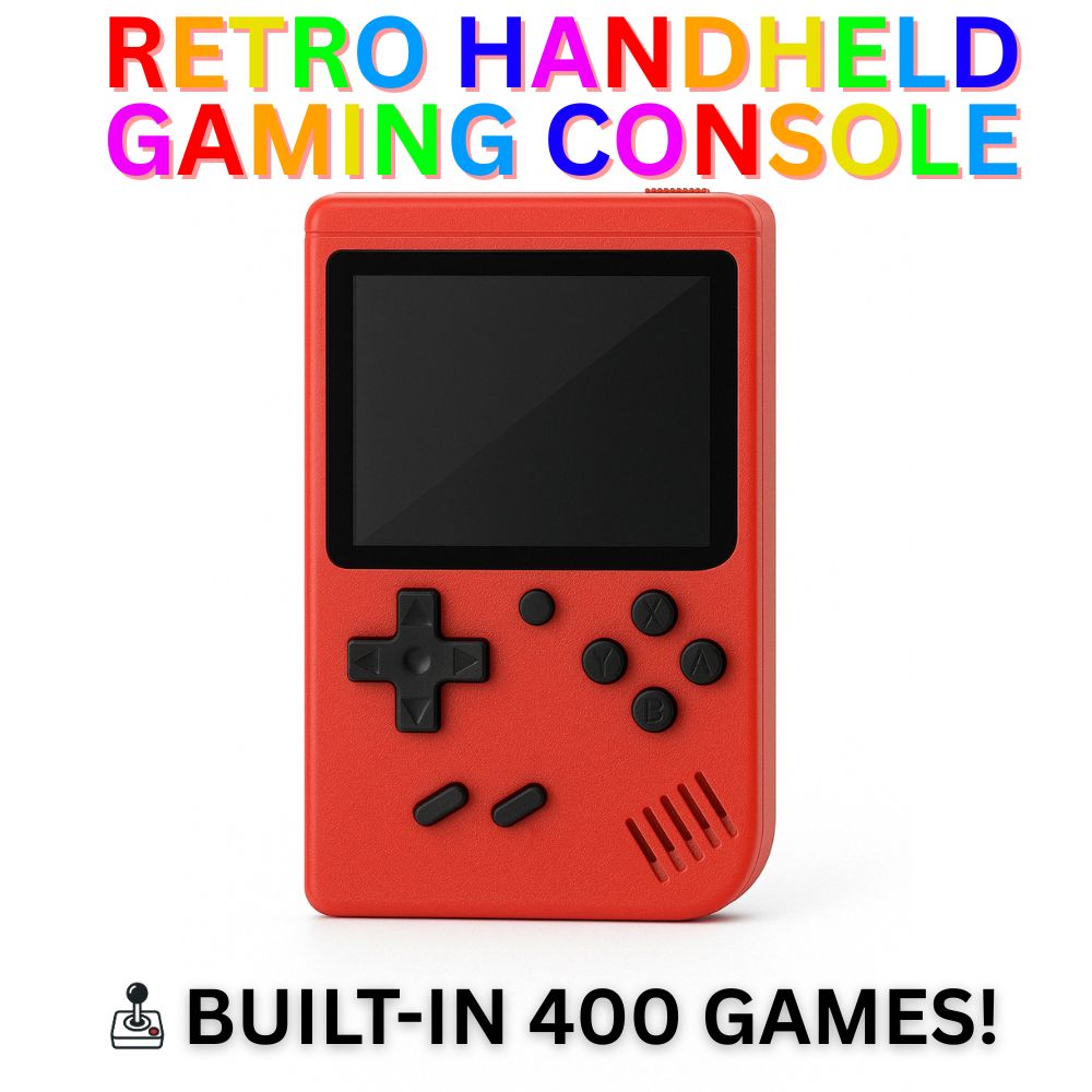 A red Retro Handheld Gaming Console by The Projection Room is shown with a screen, black buttons, and joystick icon. Colorful text above reads Retro Handheld Gaming Console. Below: Built-in 400 games! Portable gaming fun.