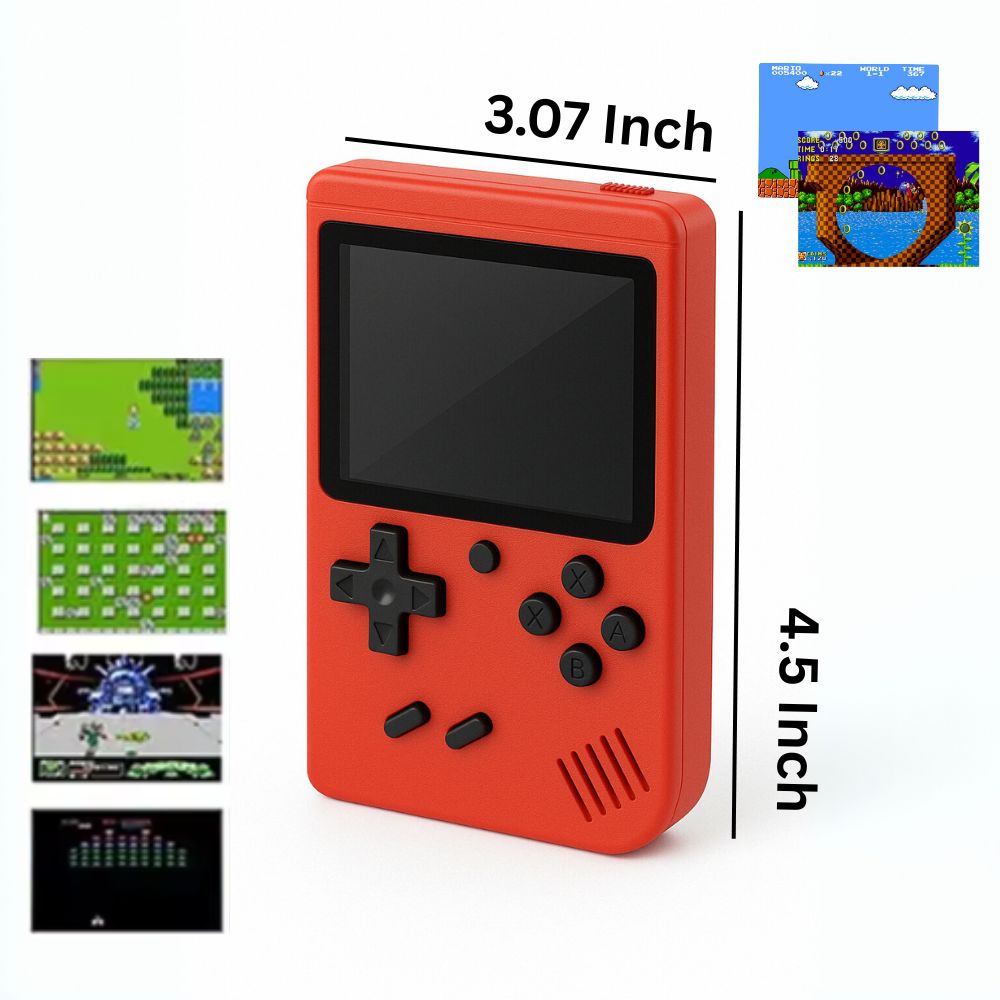 The Projection Room’s Retro Handheld Gaming Console is a red portable device measuring 3.07 inches wide and 4.5 inches tall, with classic game screenshots shown to its left and top right.