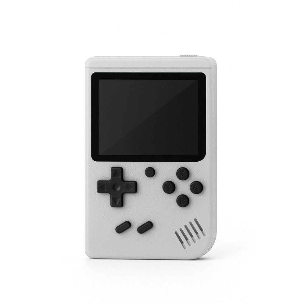 The Projection Room Retro Handheld Gaming Console features a white body, black controls, a rectangular screen, and built-in games, shown against a plain white background.