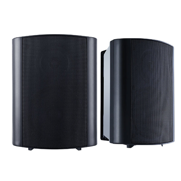 Two sleek, cylindrical black speakers from The Projection Room, featuring a mesh grille front and positioned side by side against a white background. Experience the immersive sound of these 2-Way In Wall Home Speakers, perfect for any room setup. 150W power for indoor or outdoor use.
