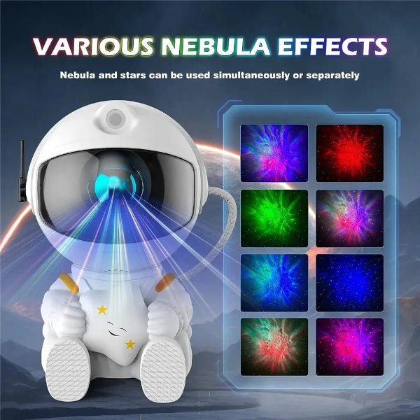 The Projection Rooms Astronaut Nebula Star Projector Lamp creates a starry ambiance with water ripple effects, offering eight vivid nebula images in red, blue, and green. Text reads: VARIOUS NEBULA EFFECTS. Nebula and stars can be used together or separately for a stunning cosmic display.