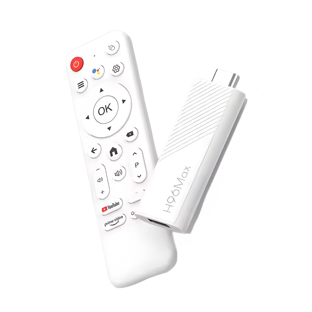 A white remote with Google Assistant Voice Control is beside The Projection Room’s 4K Android SMART TV Stick, both on a plain white background.