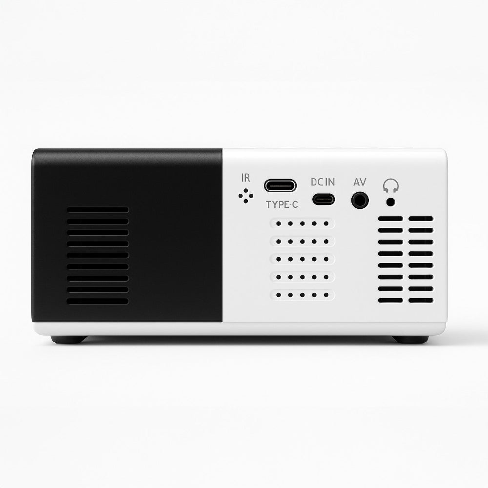 The back of The Projection Room’s Mini Portable Projector features ports for IR, USB Type-C, DC IN, AV, and headphones, along with ventilation grilles—perfect for compact entertainment and vibrant visuals wherever you go.