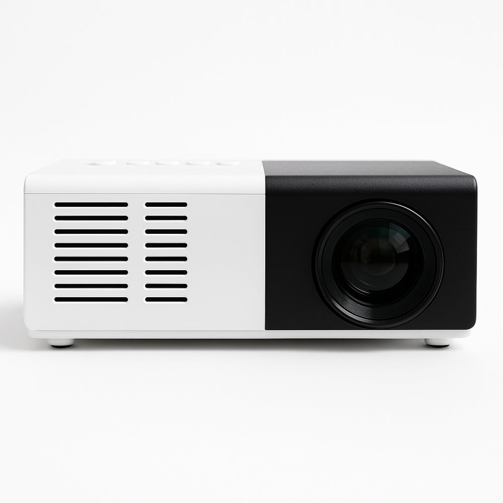 The Mini Portable Projector by The Projection Room is a sleek, rectangular device in black and white with a large right-side lens and left-side vents—perfect for compact entertainment, showcased on a plain white background.