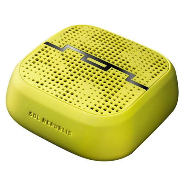 The small, square SOL Republic Punk Wireless Pocket Speaker by The Projection Room is yellow with rounded corners, a perforated grille on top, a pocket design, SOL REPUBLIC embossed on the front edge, and boasts an impressive Bluetooth wireless range.