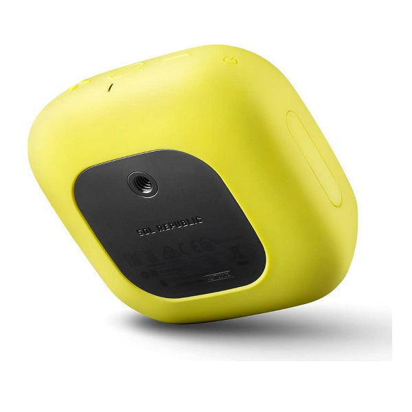 The SOL Republic Punk Wireless Pocket Speaker by The Projection Room is a small, yellow, square-shaped device with rounded edges and a black bottom featuring a camera lens. Its pocket design and minimal side buttons allow it to sit angled against a white background. The speaker is waterproof.