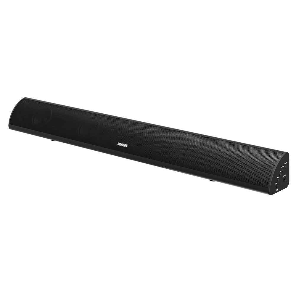 The Majority Snowdon II Soundbar by The Projection Room, with a sleek black design, features multiple speaker grills and Bluetooth connectivity. Side control buttons and input ports add to its modern look, while the brand logo is centered on the front panel.