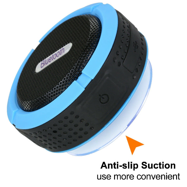 The Projection Rooms Portable Waterproof Wireless Mini Bluetooth Music Speaker features High-Fidelity Sound, a power button, and an anti-slip suction base with a textured surface for grip. Anti-slip Suction use more convenient ensures seamless music enjoyment anywhere in black and blue colors.