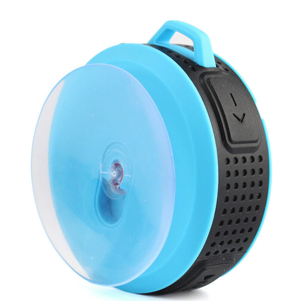 The Projection Rooms Portable Waterproof Wireless Mini Bluetooth Music Speaker is blue and black with a suction cup for versatile placement. Its hi-fi sound, small handle, and side control buttons make it perfect for on-the-go use.