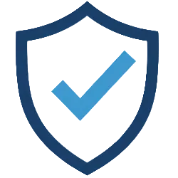 Blue shield icon with a check mark on a white background