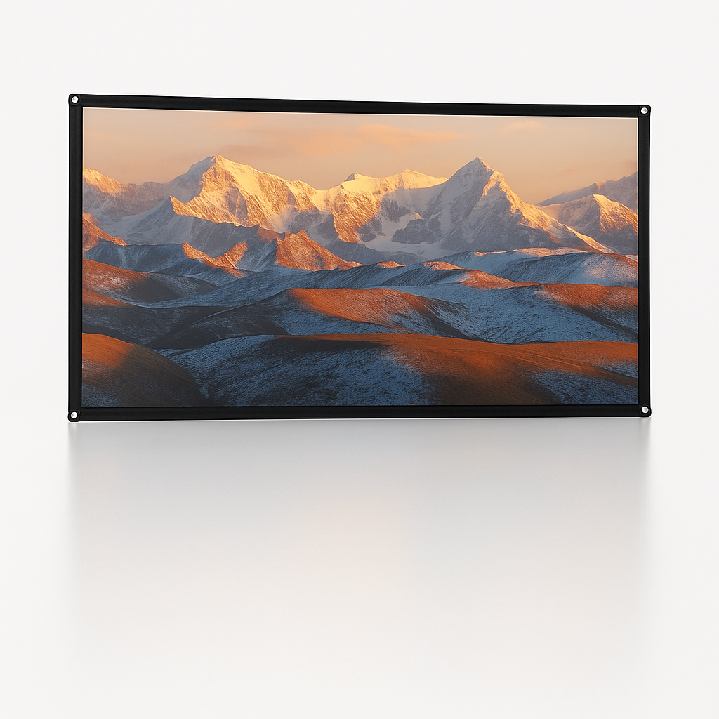 A landscape photo of sunrise-lit snow-capped mountains is shown on The Projection Room Portable Foldable Projector Screen, made of wrinkle-resistant polyester, set against a plain white background.