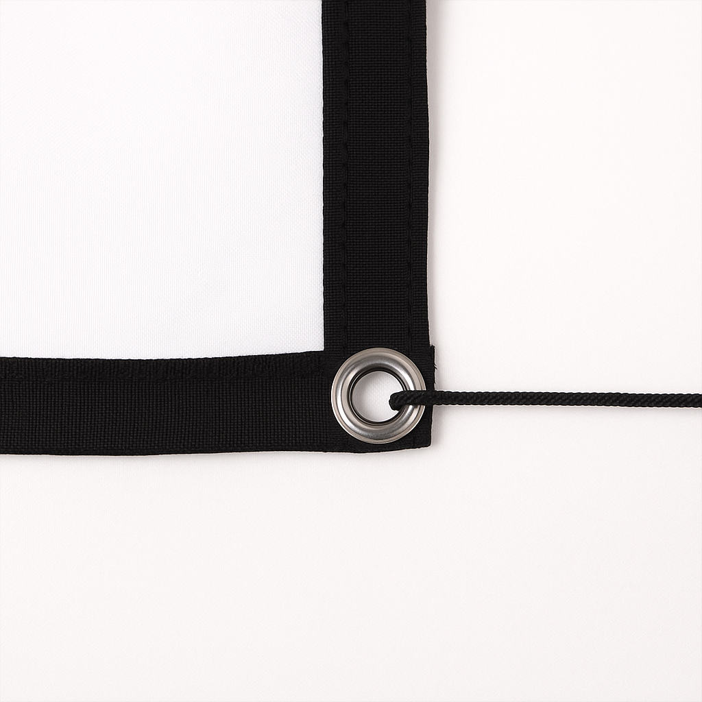 A close-up of The Projection Room Portable Foldable Projector Screen shows its wrinkle-resistant polyester fabric, black bordered corner with metal grommet, and threaded cord—all set against a white background. Ideal for on-the-go projector setups.
