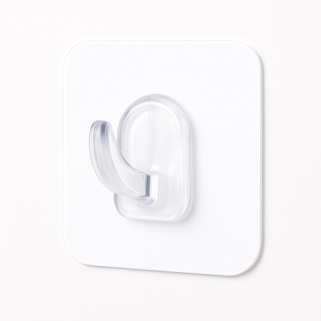 A transparent adhesive wall hook with a white backing, fixed to a white wall, is perfect for hanging your The Projection Room Portable Foldable Projector Screen effortlessly.