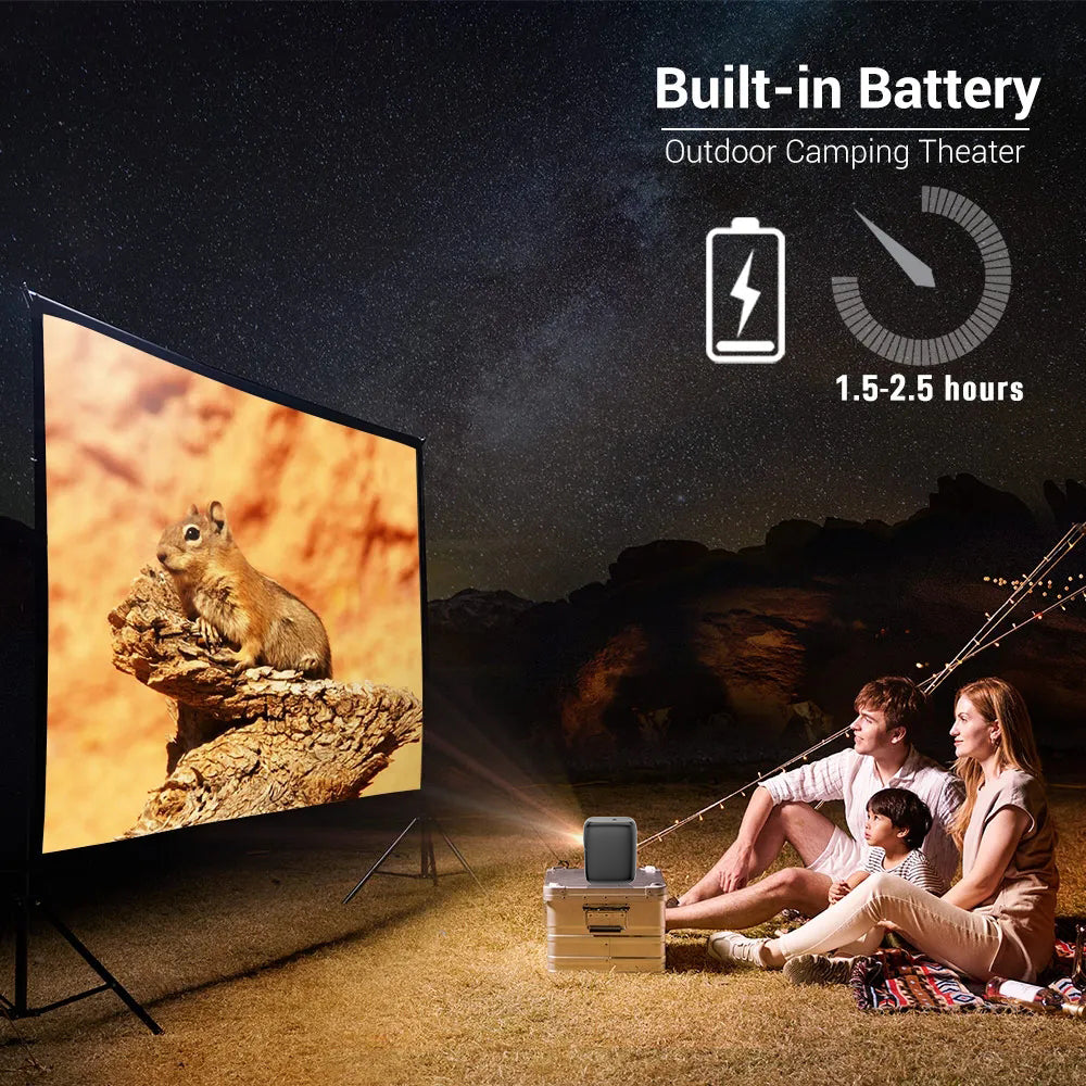 A family of three watches a projected image of a squirrel on a large outdoor screen at night, sitting on blankets under a starry sky. Text highlights a built-in battery lasting 1.5–2.5 hours for outdoor camping theater.