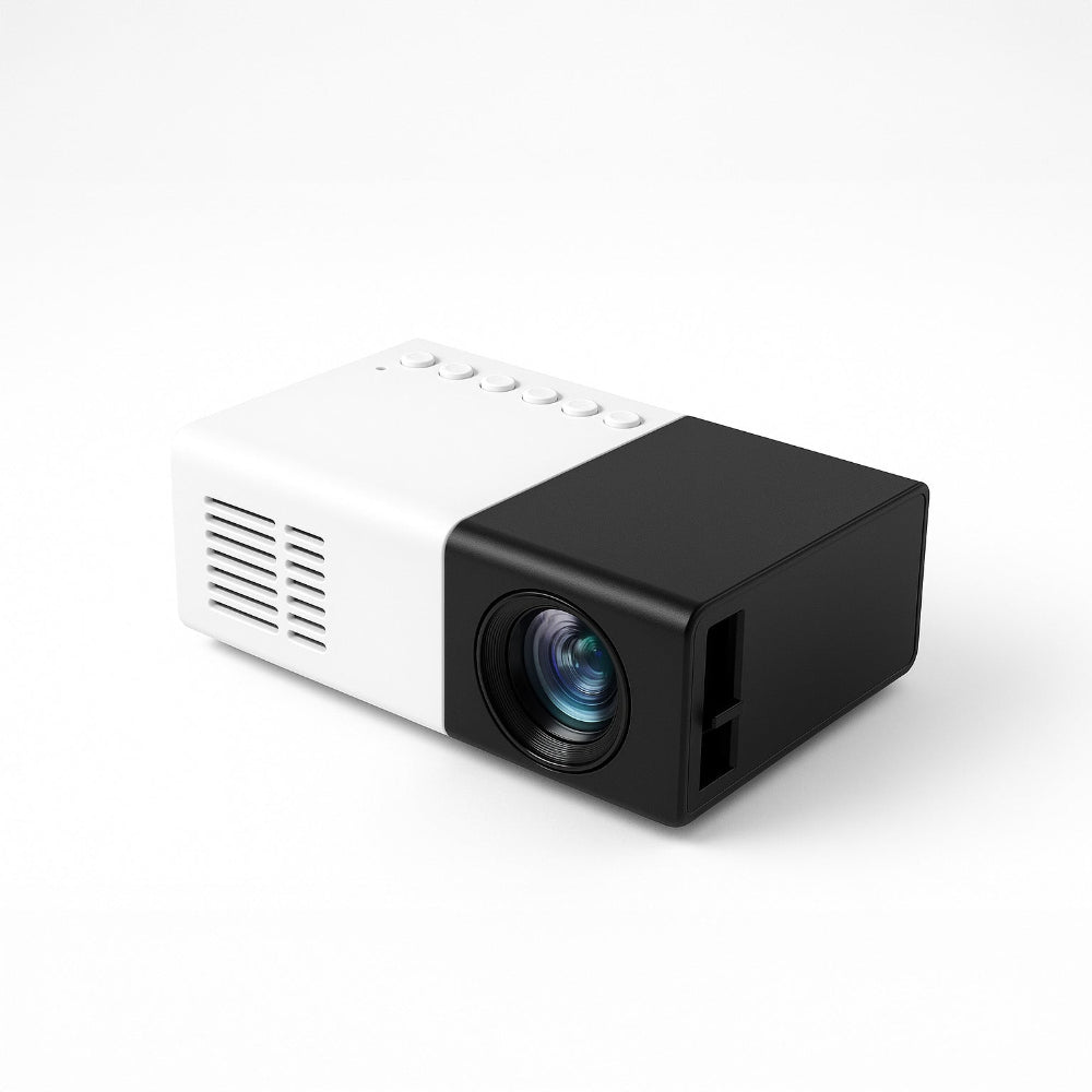 The Mini Portable Projector by The Projection Room is a sleek entertainment device with a black front and lens, white ventilated body, and top buttons, shown against a plain white background.