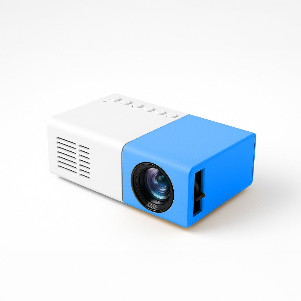 The Mini Portable Projector by The Projection Room is a compact, rectangular device with a white body, blue front panel, control buttons on top, and prominent front lens, shown against a plain white background for an enhanced viewing experience.