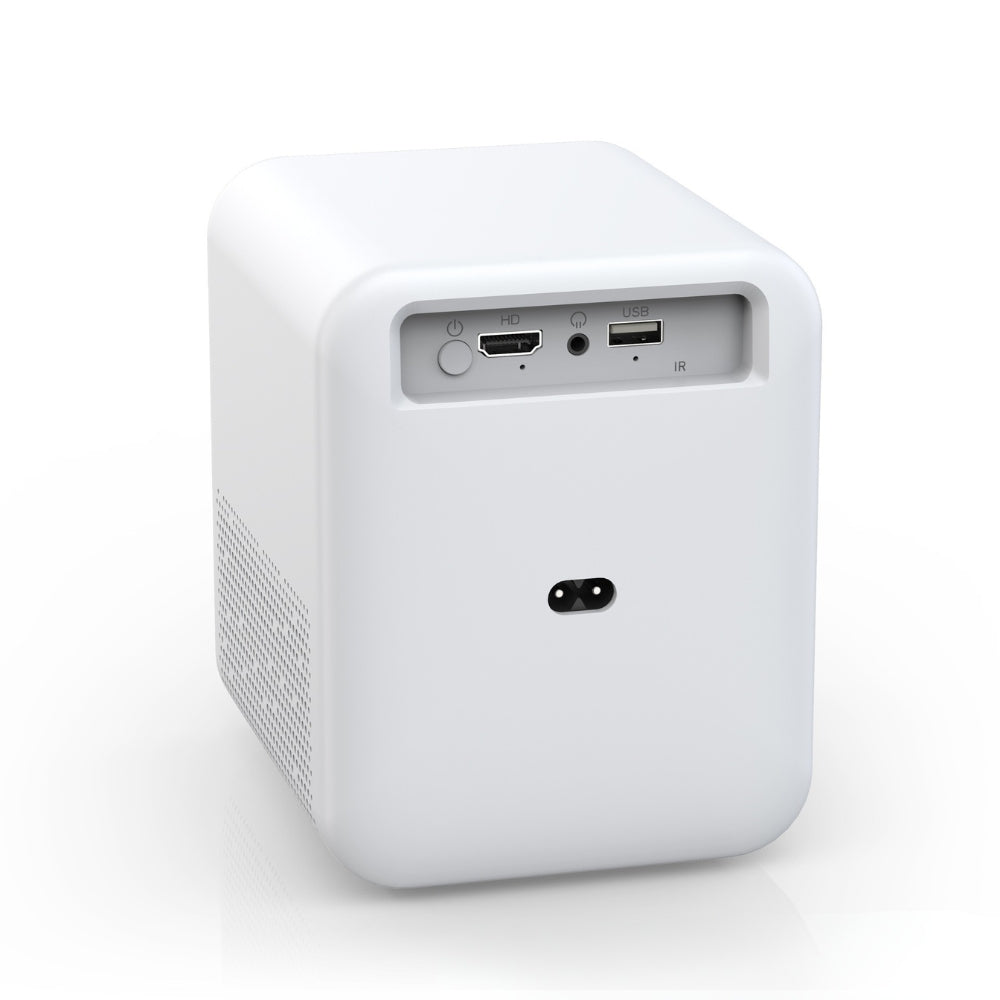 The S2 Smart Projector With Electric Focus by The Projection Room is a compact, white HD wireless home cinema with HDMI, USB, IR ports, power button, and side vents—ideal for phone mirroring or use as a smart TV projector.