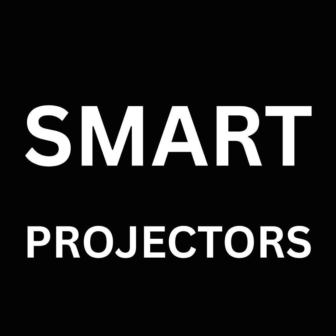 Text 'SMART PROJECTORS' in white on a black background