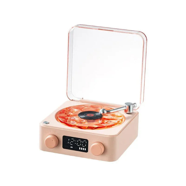 The Projection Rooms Vinyl Speaker Lamp offers retro-style sound with a unique pizza-themed, ocean wave design, featuring a transparent lid and beige body. It includes multifaceted connectivity, two knobs, a digital display, and a tonearm on a pizza slice design.
