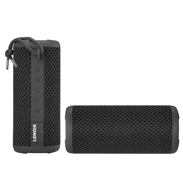 Two black cylindrical Bluetooth speakers are shown, one standing upright with buttons and a carrying cord, the other lying horizontally. Featuring 360° sound dispersion, they have a textured mesh surface with The Projection Room branding on each: IPX7 Waterproof & Portable Bluetooth Speaker.